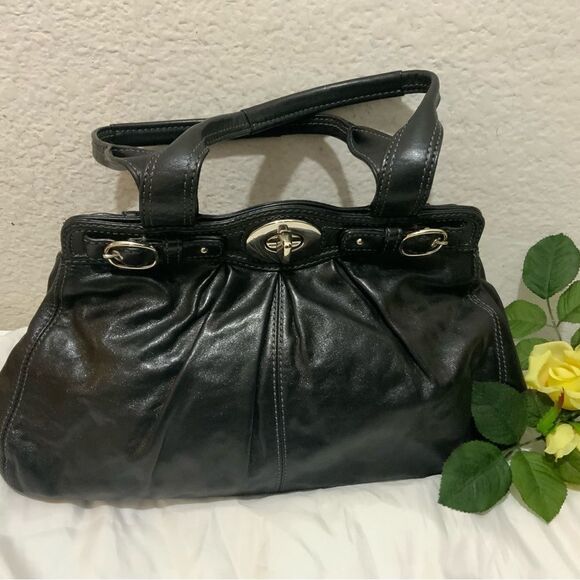 Coach 13914 Black Leather Pleated Garnet Satchel Nickel TurnLock Handbag - Picture 3 of 10